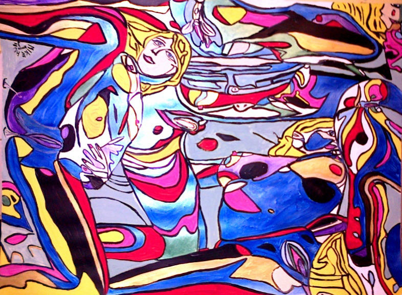 'SpinArt 5 Nudes' A- 4 ways of looking at the picture - the right way, upside down or each side' by Mike Hunt aka BB Bango. £400 70*50cm Acrylic on paper framed. This picture  is also on the SaatchiOnline.com web site at $860.