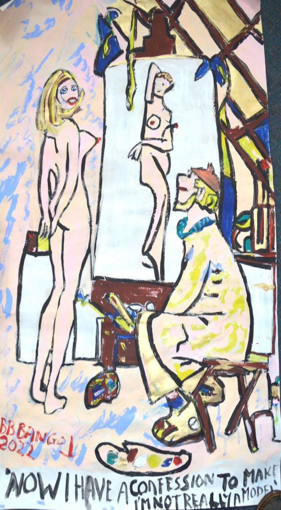 'Now I also have a confession to make, I'm not really a model' A1 size original poster painting acrylic on paper by BB Bango £60. Also as a post card and A2 size £35 plus £35 with frame